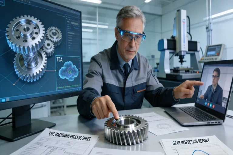 A manufacturing engineer and a designer collaborate online over a high-precision stainless steel gear sample, reviewing 3D models and inspection data, exemplifying deep engineering partnership in Precision Manufacturing Services.