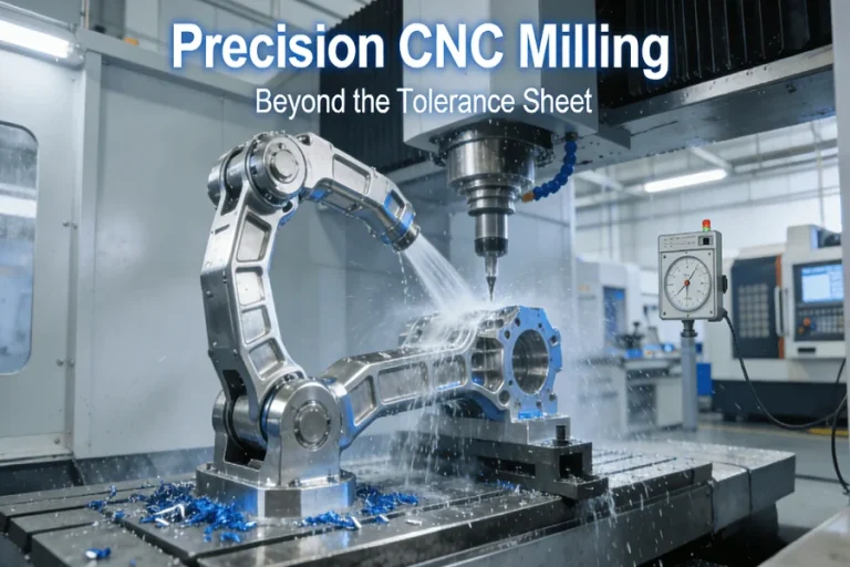 True Precision CNC Milling: Boosting Performance & Market Success A complex aluminum component being precision machined on a modern 5-axis CNC milling center, with high-pressure coolant mist and controlled metal chips, in a clean, high-tech manufacturing facility.